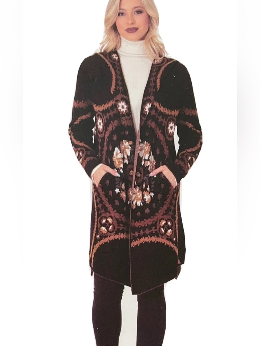 Long Open-Front Floral Knit Cardigan - Black & Brown Size Large